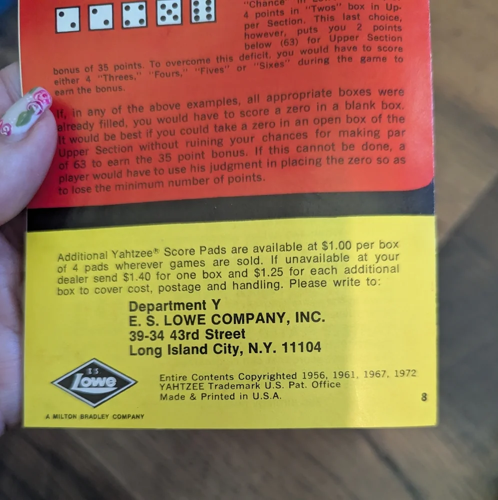 Vintage 1956 Yahtzee Score Pads (4) Original‎ Box Full 1972 Instruction Booklet